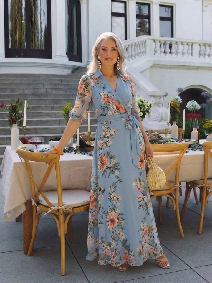 Elowen | Vestito Maxy a V con Maniche a Fiori