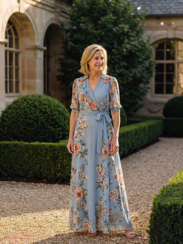 Elowen | Vestito Maxy a V con Maniche a Fiori