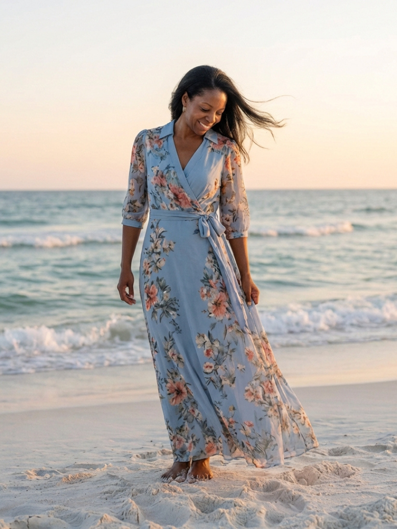 Elowen | Vestito Maxy a V con Maniche a Fiori